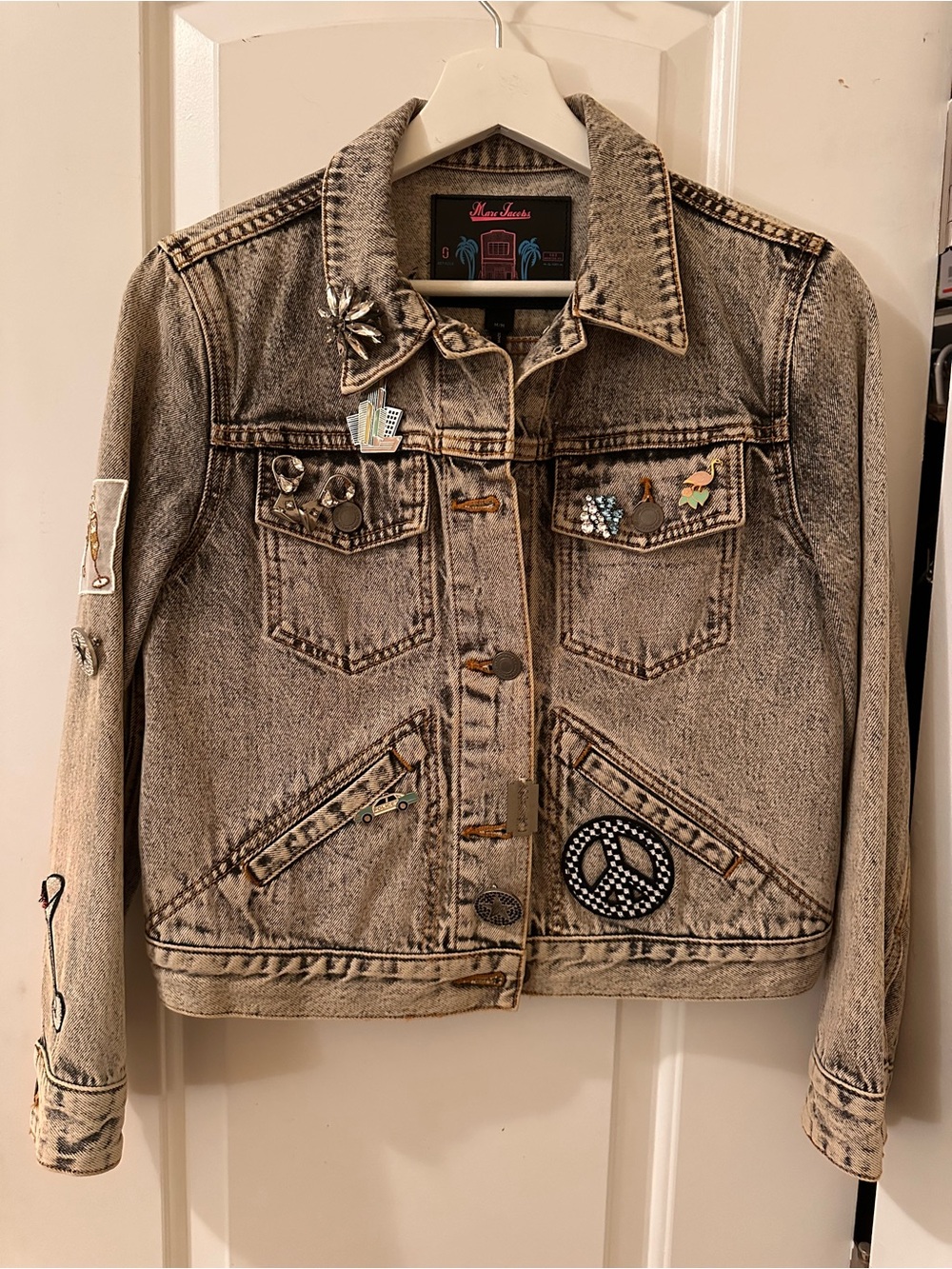 Marc Jacobs Paradise Acid Wash Denim Jacket Pins Patches Rare